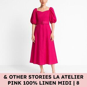 & Other Stories Linen Puff Sleeve Belted Linen Midi Dress Pink Coquette 8